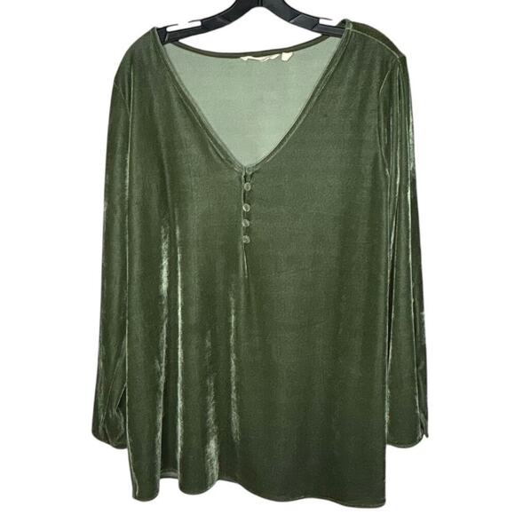 Soft Surroundings Olive Green Velvet Holiday Boho V Neck Long Sleeve Top Large - Picture 1 of 10